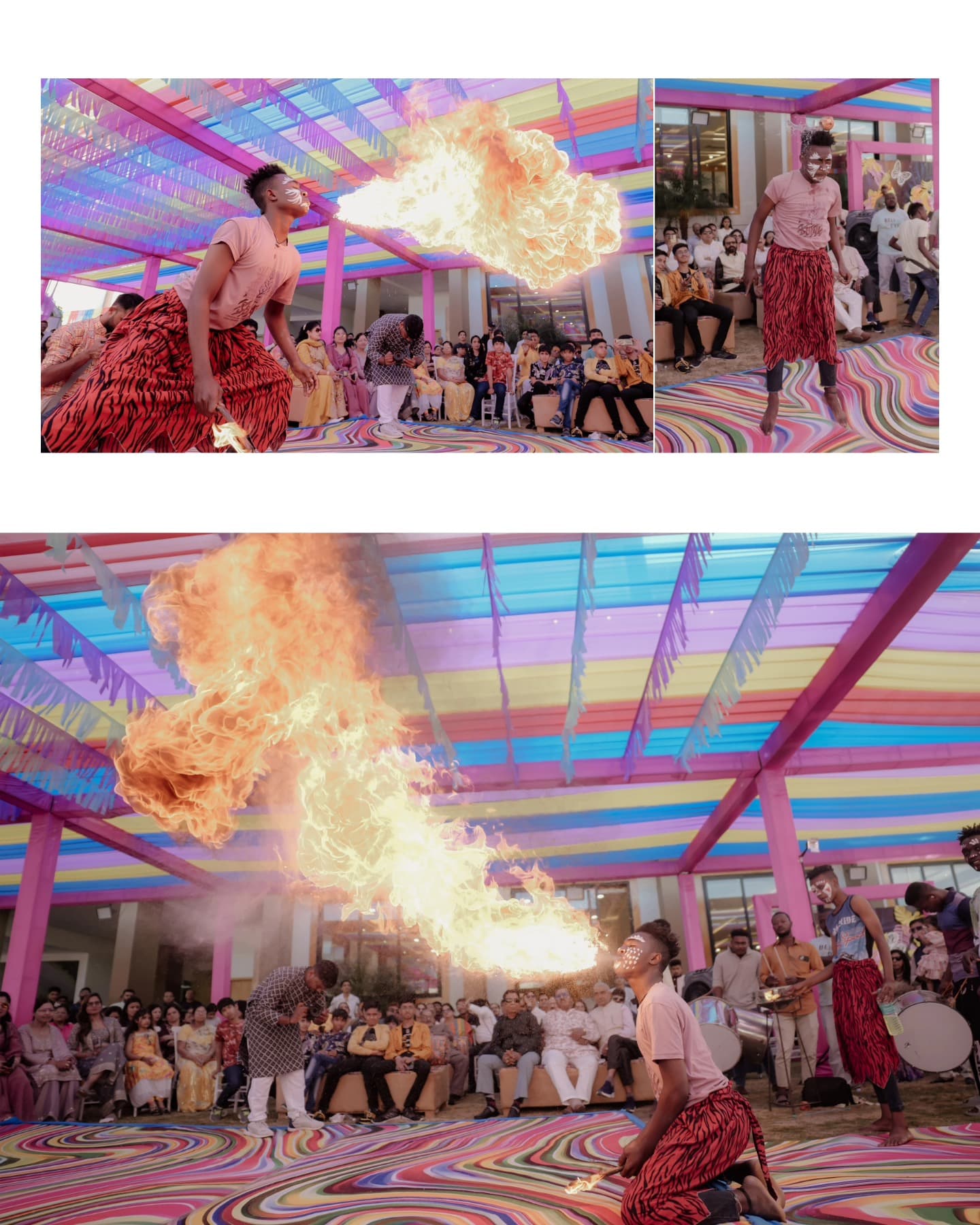 Fire breathers performing for the wedding party at night