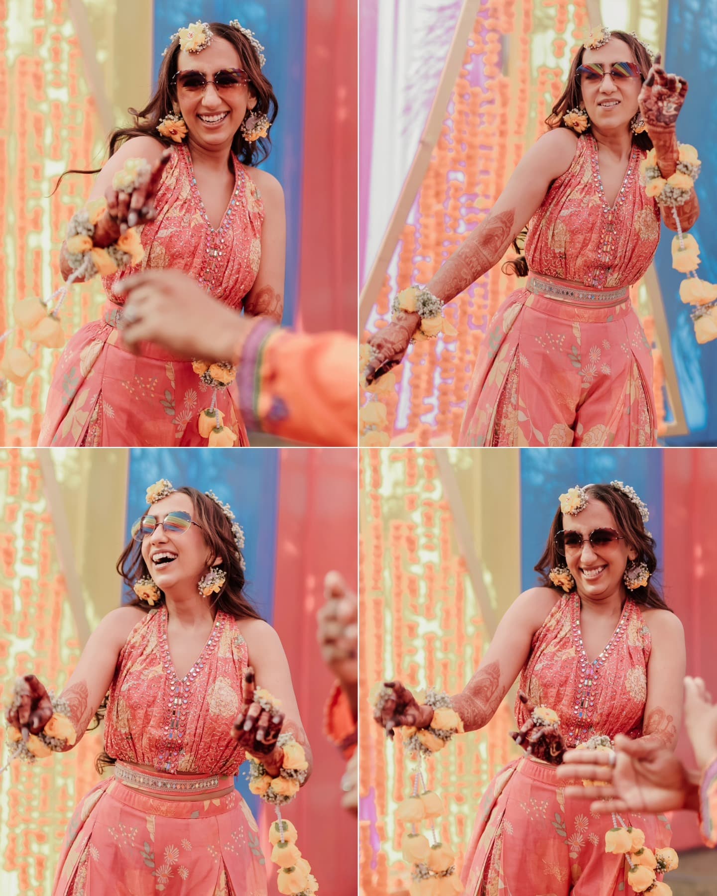 Bride laughing and dancing in floral jewelry against the carnival backdrop
